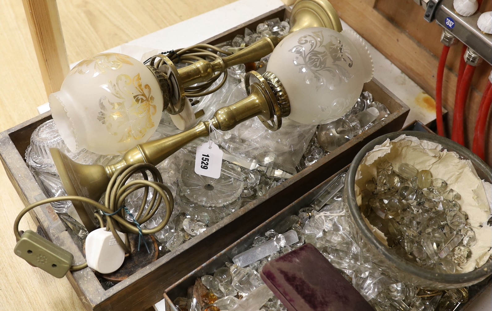 A quantity of various glass lustre drops, a pair of lamps etc.